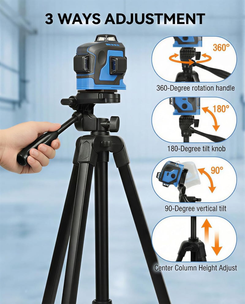 VulcanForge 17"-67" Black Aluminum Tripod for Laser Level, 1.5lb Lightweight, Enhanced 3D Pan Tilt with Bubble Level, Quick Release Plate, Non-Slip Rubber Base - Image 5